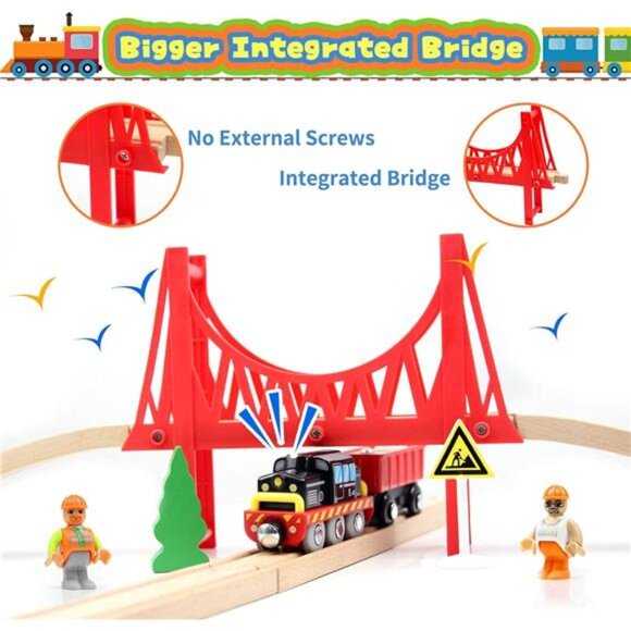 Wooden Train Set, 56-Piece Deluxe Kids Toy Train Set for 2 3 4 5 Year - Picture 6 of 7